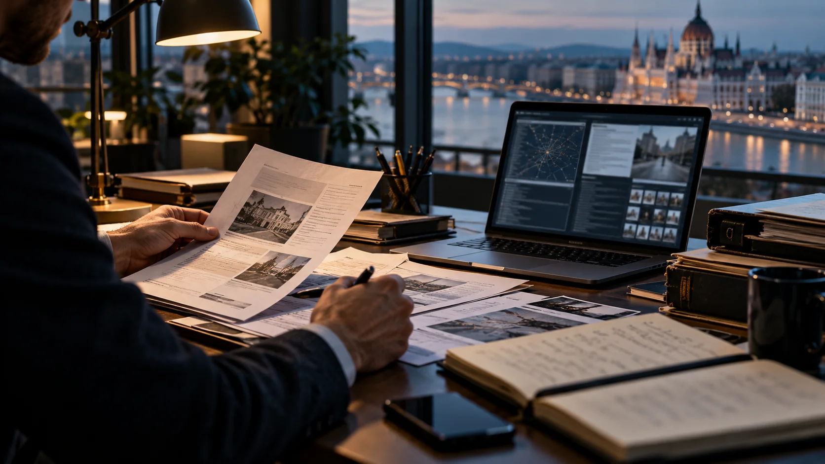 Investigator comparing documents and digital sources